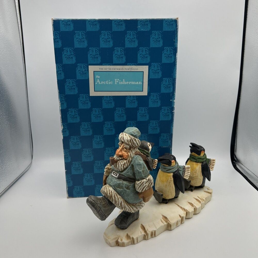 David Frykman Arctic Fisherman & Penguins 11" Faux Carved Wood Figurine DF1504